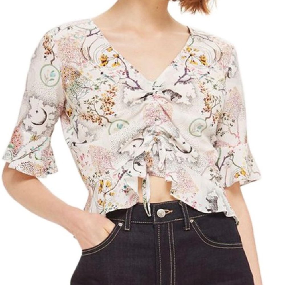 Topshop Wildlife Crop Top Rouched Leopard Cat Bird Floral Flowers Ruby Magical